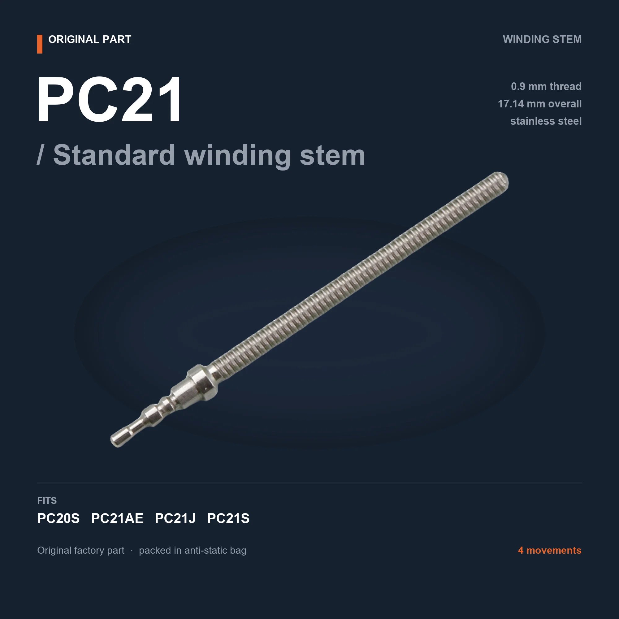 PC20S PC21AE PC21J PC21S PC21 Original Factory Winding Stem 17.14mm Quartz Watch Movement Repair Parts Stainless Steel