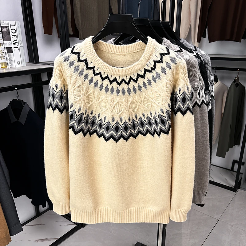 Men's American Lazy Style Knit Sweater Designer Original Fair Isle Jacquard Crewneck Soft Warm Cozy Casual Autumn Winter Men's