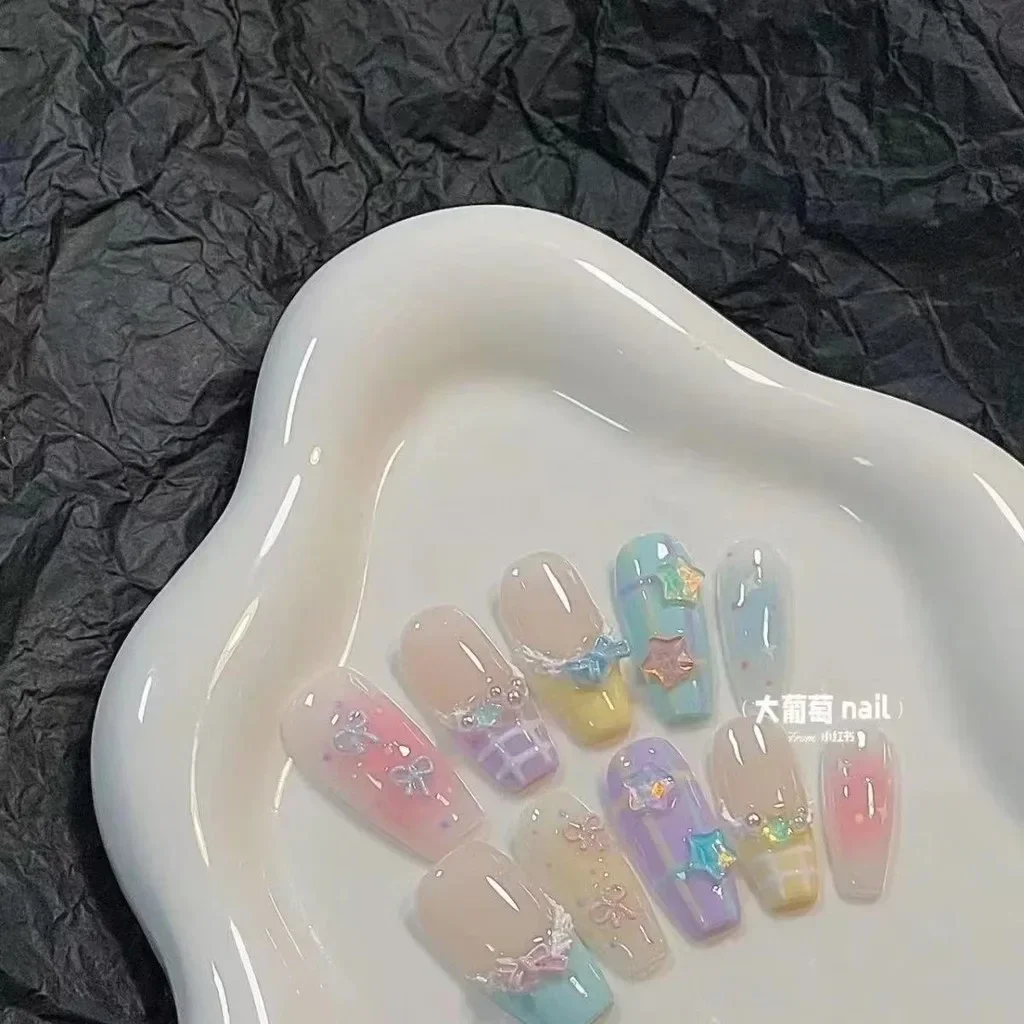 Dopamine Summer Girl Handmade Nail Art Patches Plaster Bow Star Cute Wearable Nails Sweet Dreamy Princess Blush Fake Nails