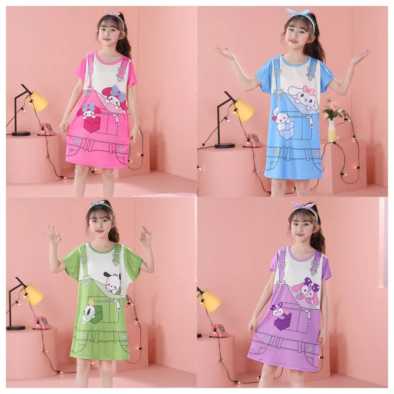 Sanrioed Anime My Melody Cinnamoroll Pochacco Cute Printed Children's Nightgown Kawaii Thin Short Sleeved Pajama Dress Kids Gift