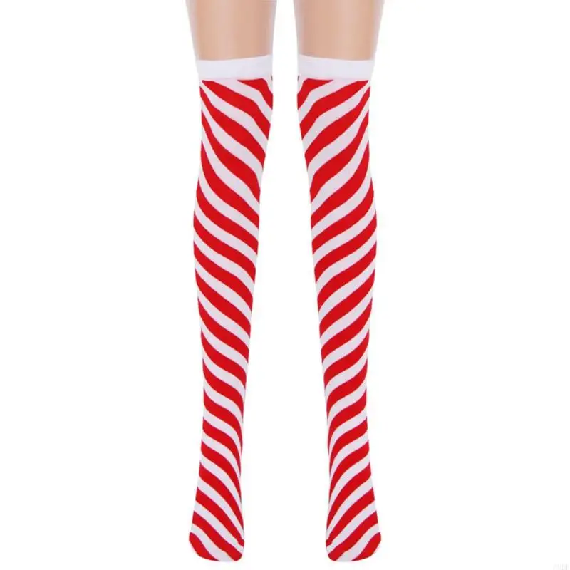 P8DB Women Christmas Candy Cane Thigh High Socks Red White Striped Over Knee Stocking