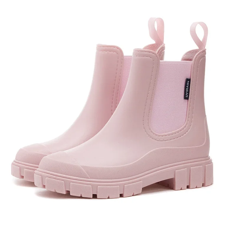 Botas impermeables de estilo Chelsea para mujer, botines de boca elástica, zapatos de lluvia de media caña, antideslizantes para interiores y exteriores, nuevo estilo