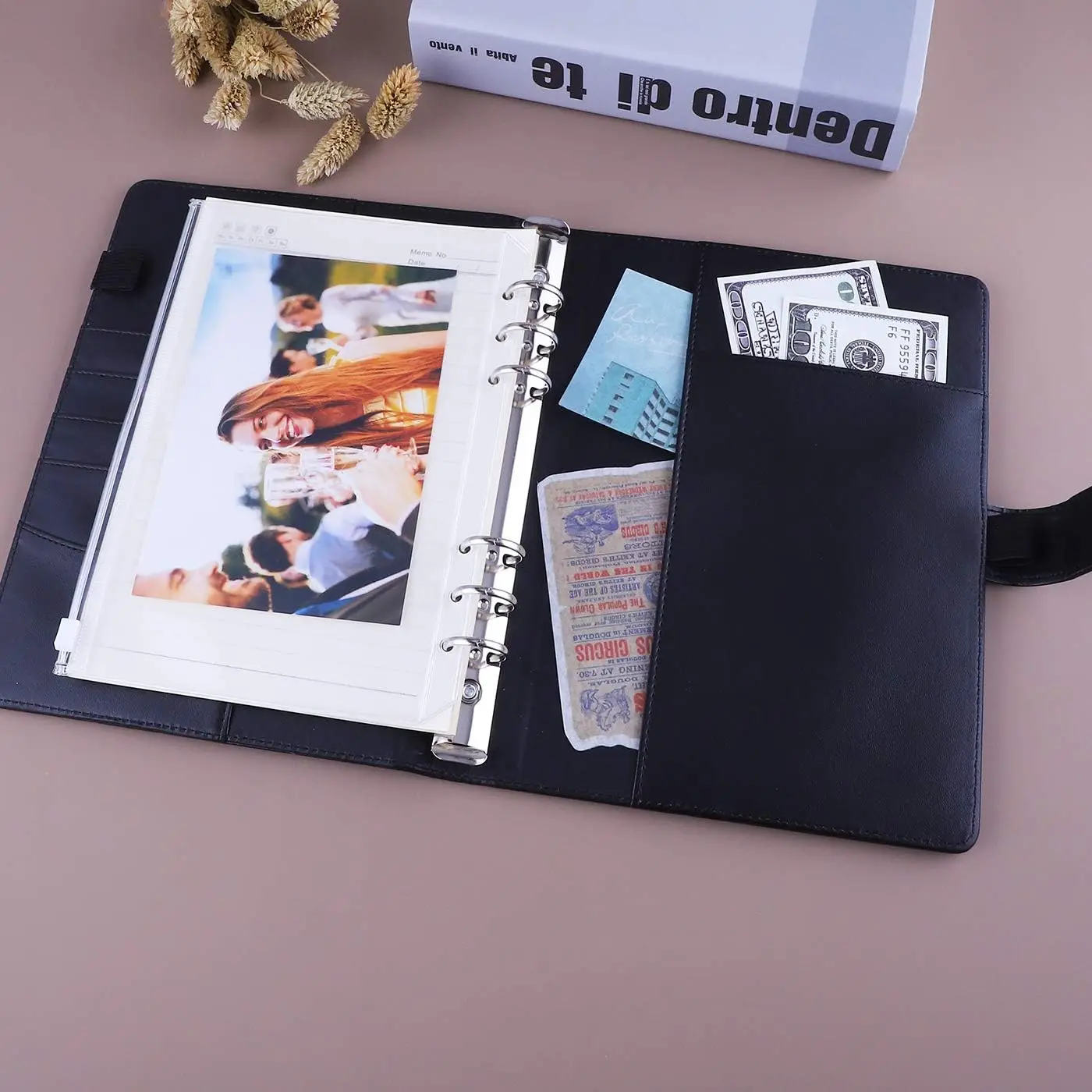 New A5 PU Leather Binder Cover with Magnetic Buckle Closure, 6 Ring Personal Notebook for Organizing Planner, Photo Card Sleeves