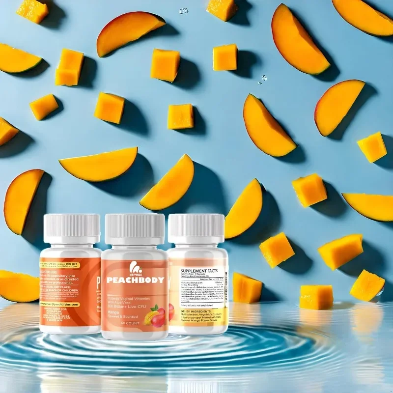 Mango flavored probiotic capsules contain aloe vera, stevia, 11 strains of bacteria, and over 360 billion live CFU