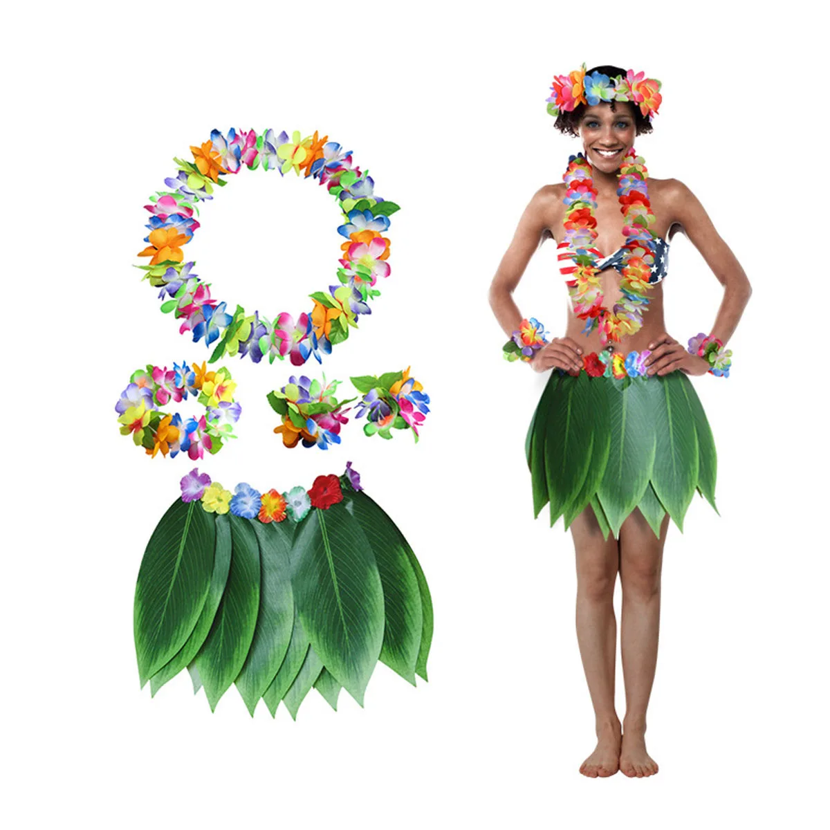 

5Pcs Hawaii Grass Skirt Set Tropical Dance Costume Flower Accessories Garland Headband Bracelet Wreath Luau Wedding Party