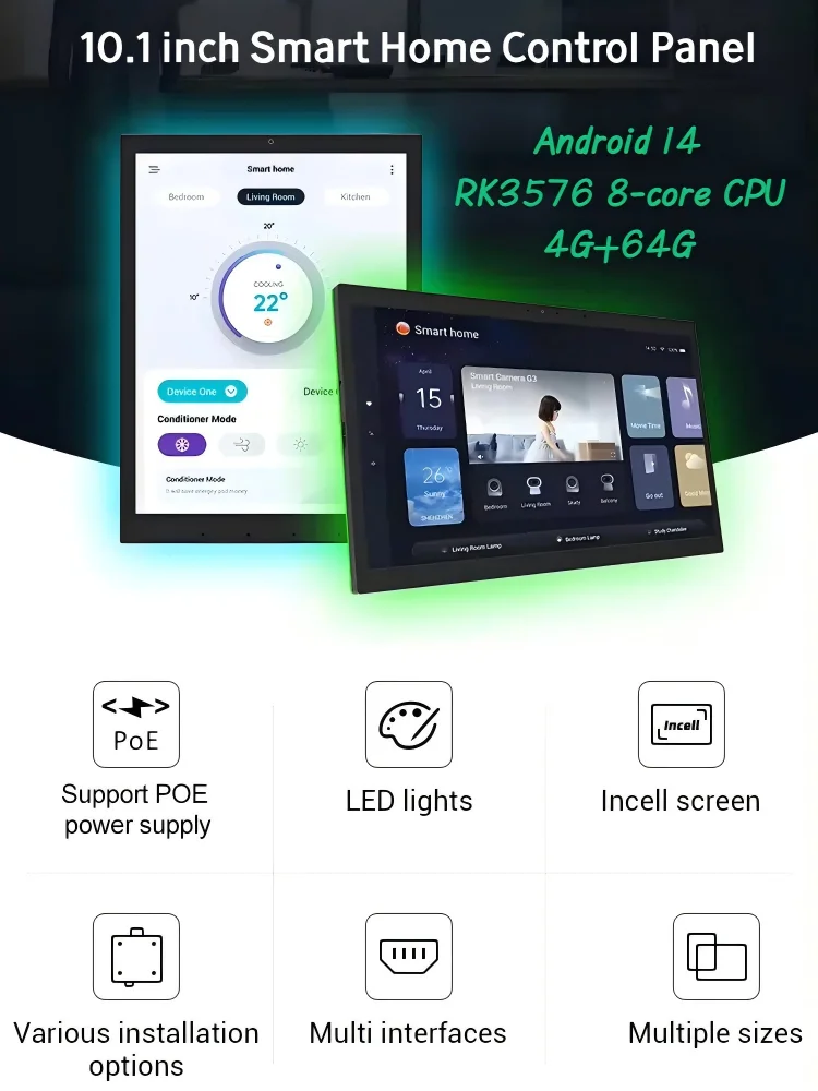 Wandgemonteerde 10 inch Android 14 Smart Home Controller, soepele 4G 64G touchscreen tablet, Tuya Home Assistant, POE, WiFi, BT, RS485, DC-ingang - afbeelding 2