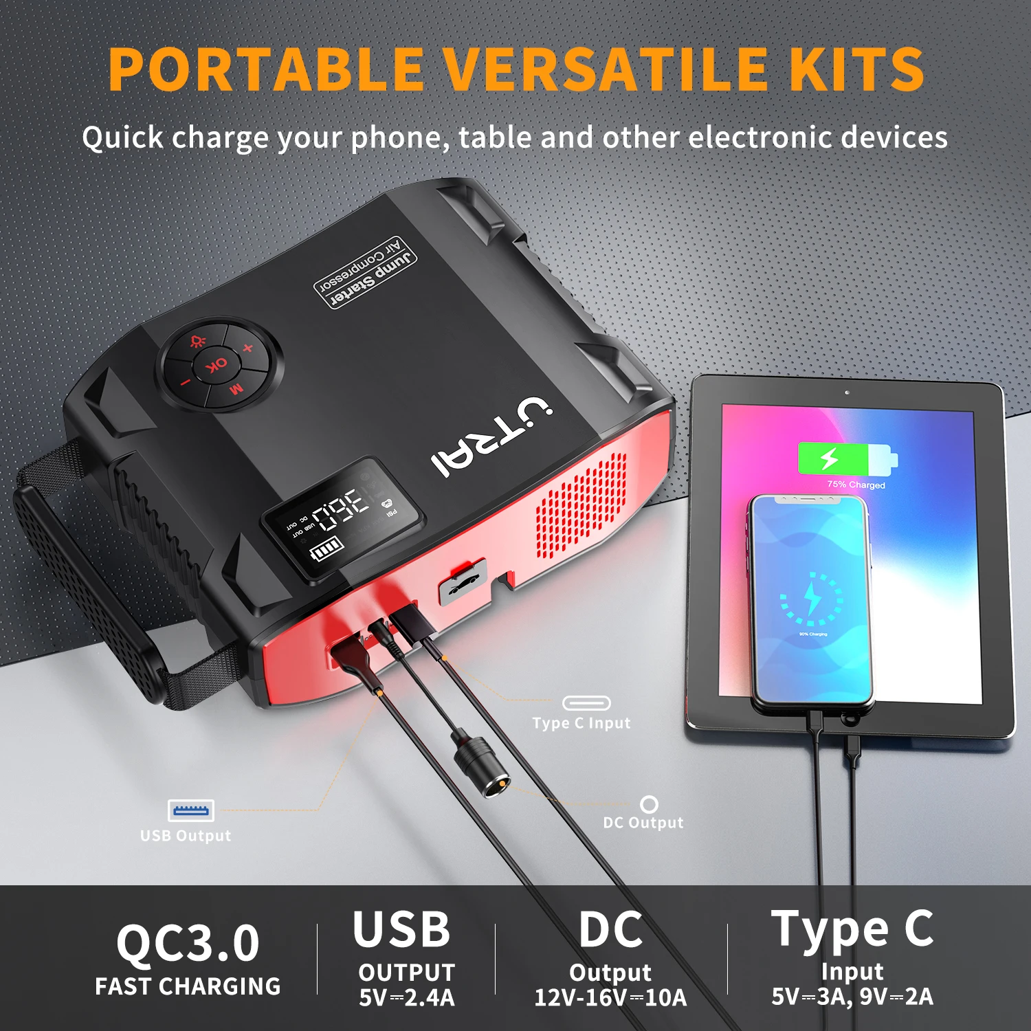 UTRAI 4 In 1 2000A Jump Starter Power Bank 16000mAh 150PSI Luchtcompressor Bandpomp Draagbare oplader Auto Booster Startapparaat