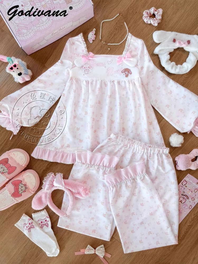 

Милые милые хлопковые пижамы с героями мультфильмов, новый осенний топ с длинными рукавами и штаны для дочек и девочек, милая женская одежда для сна, ночное белье