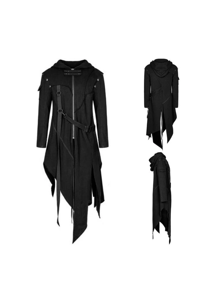 خمر هالوين القرون الوسطى Steampunk قاتل الجان زي القراصنة الكبار الرجال أسود طويل سبليت سترة القوطية درع معاطف جلدية