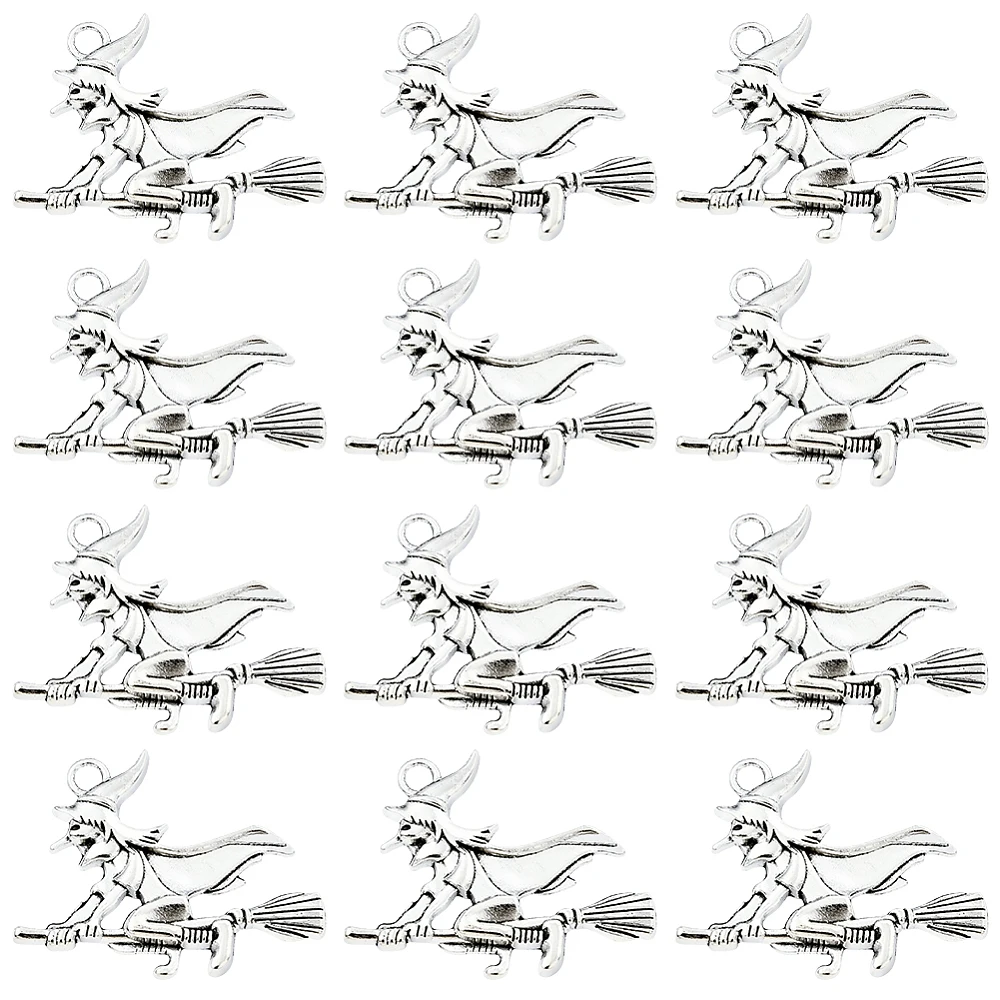 1 Box 40Pcs Silver Charm Metal Charms Bulk Alloy Vintage Holiday Wizard Broom Decoration Pendants Findings for Jewelry Making