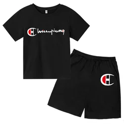 Camiseta e shorts de algodão de manga curta infantil, tops e shorts, conjuntos de roupas casuais, impressão de marca, 2 a 12 anos, verão