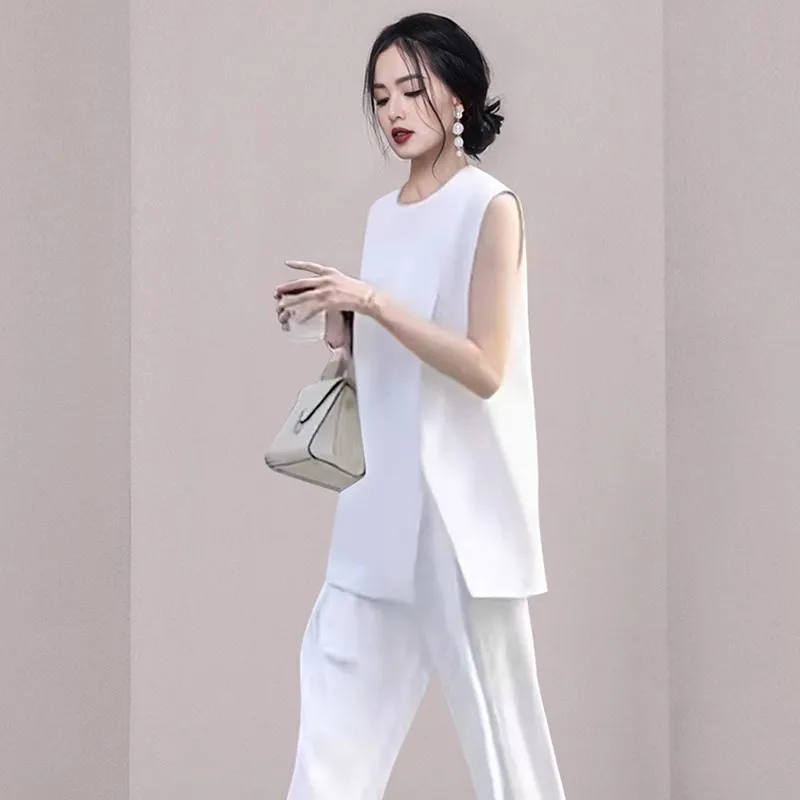 High Quality Summer White Pants Suits Women O Neck Sleeveless Split Loose Tops +Wide-Leg Trousers Suit Lady Office Two Piece Set