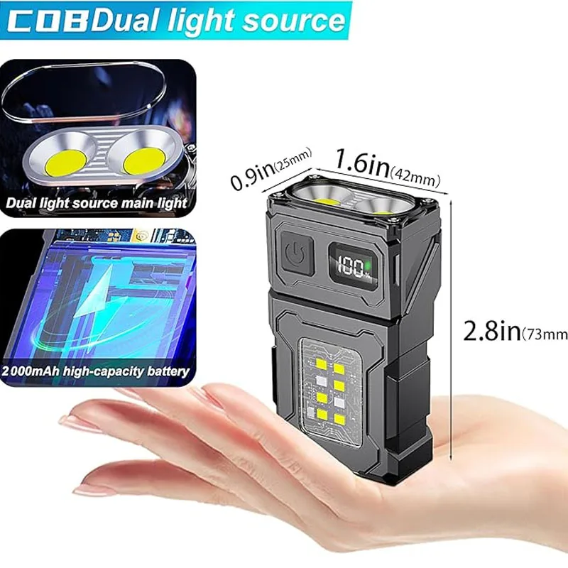 Mini LED COB Flashlight Dual Light Source Super Bright Headlight USB Charged 180°Rotatable Outdoor Camping Emergency Lantern