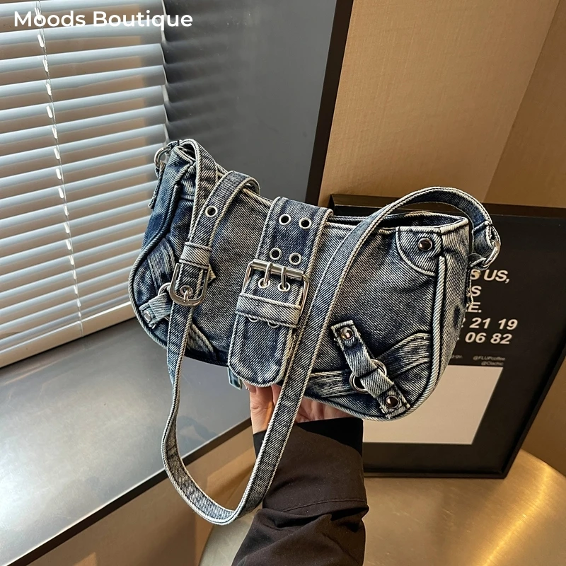 Vintage Washed Denim Shoulder Bag Y2K Belt Buckle Crossbody Bag 2026 New Women Streetwear Daily Retro Luxury Designer Handbags