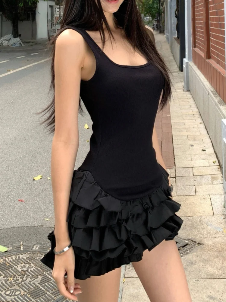 Chic Y2K Sleeveless Mini Dress For Woman Summer Black Dresses Sexy Clubwear Party Slim fit Ruffle Pleated Short Dress image 2