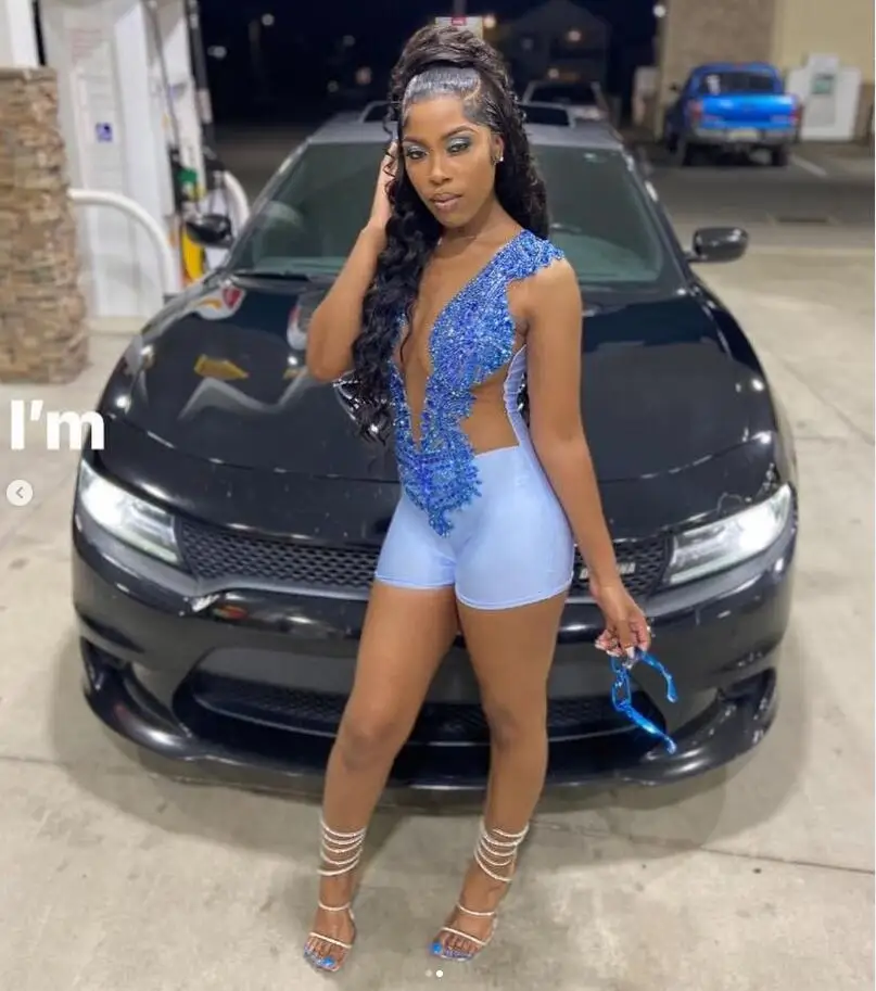 Baby Blue Short Bodysuit Prom Birthday Dresses Sparkly Diamond Crystal Sheer Mesh Black Girl African Mini Party Gown