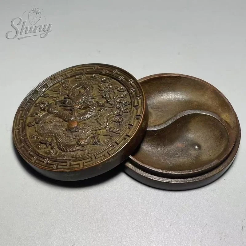 

Antique Collection: Four Treasures of The Study, Dragon Sucking Water Alloy Old Copper Inkstone Box and Seal Ink Box Ornament
