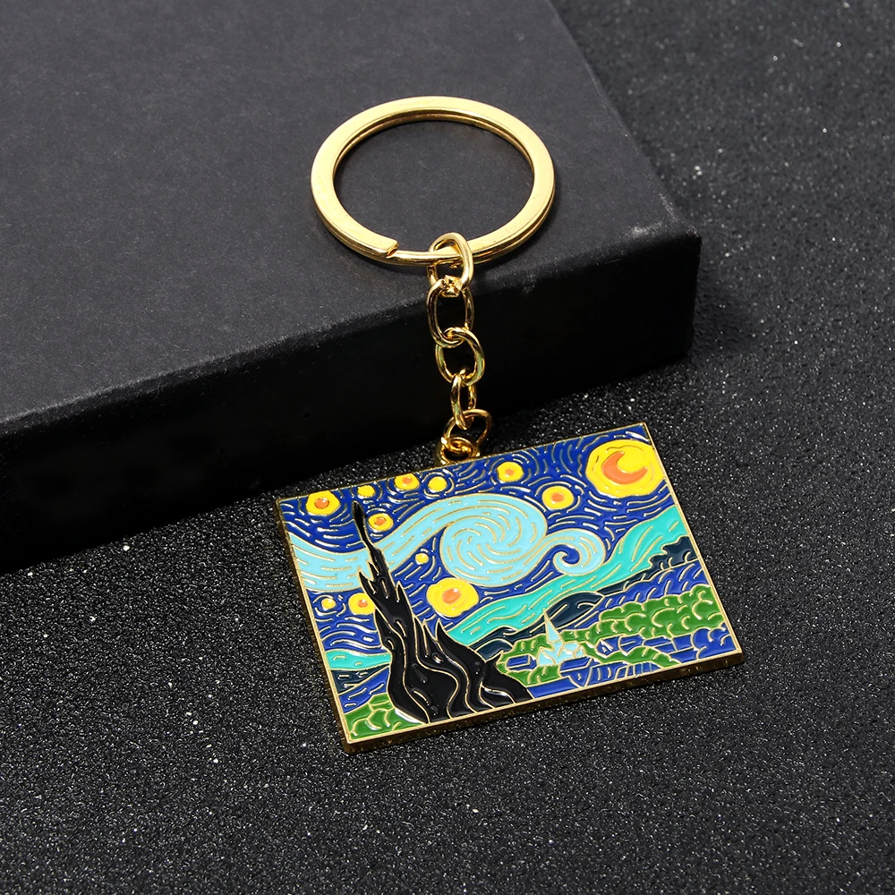 Art Oil Painting Keychain World Famous Gogh's Oil painting Starry Night Edvard Munch's The Scream Badge Keychain For Bag Charm