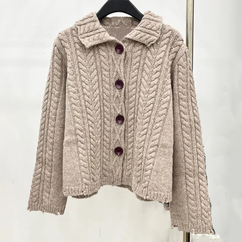 

Высококачественный женский кардиган со спиральным узором и подолом, теплая одежда с лацканами на одной пуговице25100897