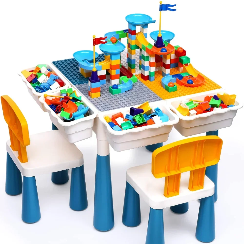 

arscniek 7 in 1 Kids Activity Table and Chair Set with 152Pcs Large Marble Run Building Blocks, Sand/Water Table