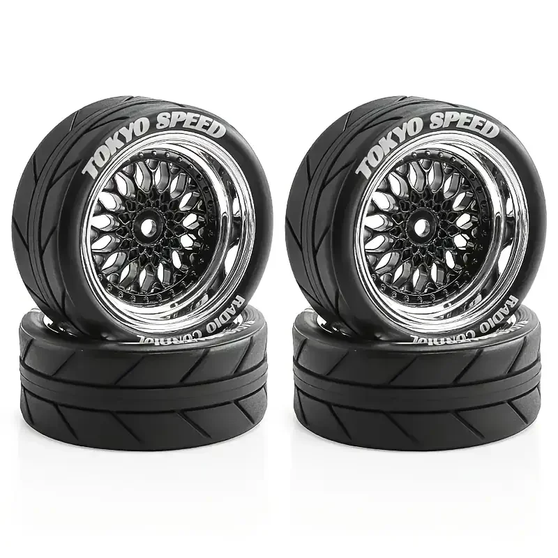4PCS 65mm Drift Tires & Wheels, High Grip Flat Run Set for 1/10 On-Road RC Car Tamiya TT02 XV01 WRC