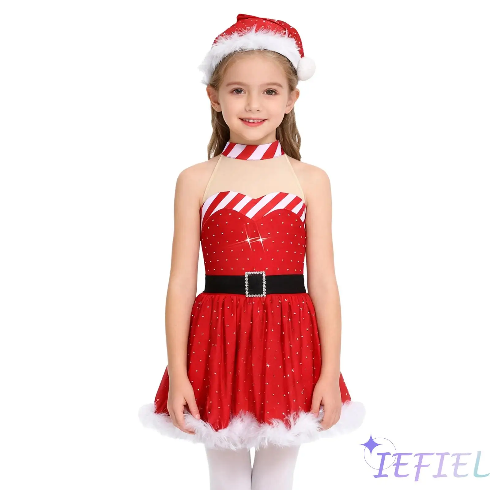 

Kids Girls Christmas Gingerbread Man Costume Rhinestones Decor Faux Waistband Strappy Princess Tutu Dress with Built-in Shorts