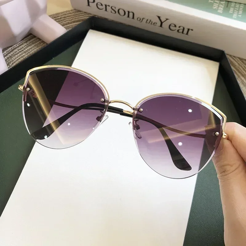 Cat Eye Sunglasses Women Luxury Rimless Gradient Sun Glasses 2024 Clear Ocean Color Lenes Shades Ladies Sunglass UV400