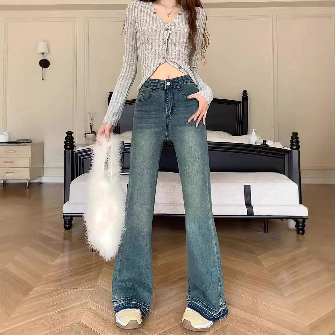 

Женские свободные утягивающие расклешенные джинсы с высокой талией, винтажные стирающие облегающие джинсовые брюки