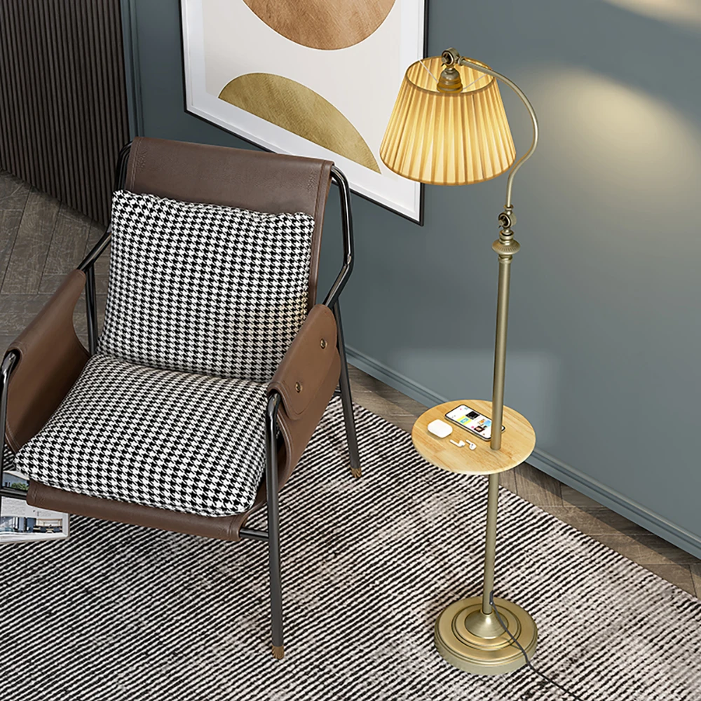 

American Retro Floor Lamp Bedroom Bedside Study Nordic Wood Standing Lights With Table Iron Art Decoration Creative Floor Lamps