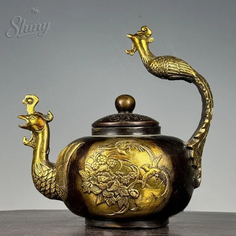 

Chinese Antique Pure Copper Gilt Phoenix Statue Teapot Hand Carved Peony Flower Wine Pot Collection Home Decoration Accessories