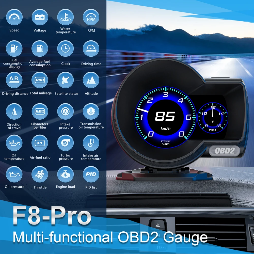 2025 New Version F8 Pro OBD2 + GPS Auto Meter OBD2 Gauge with Russian Arabic Thai Spanish Car Head Up Display HUD Universal