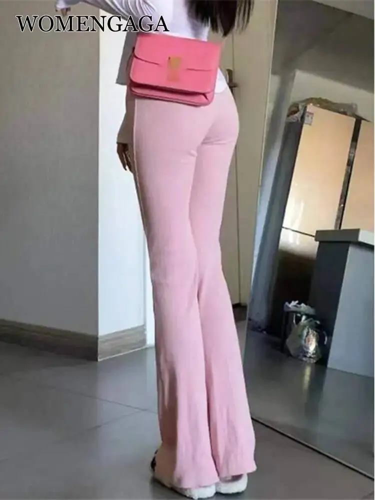 Pantalones de Campana Rosa para Mujer WOMENGAGA, Novedad Otoño 2026, Sexy, de Cintura Alta, con Cordones, Elásticos, Ajustados, de Algodón, Casuales, Estilo Coreano IG0Q