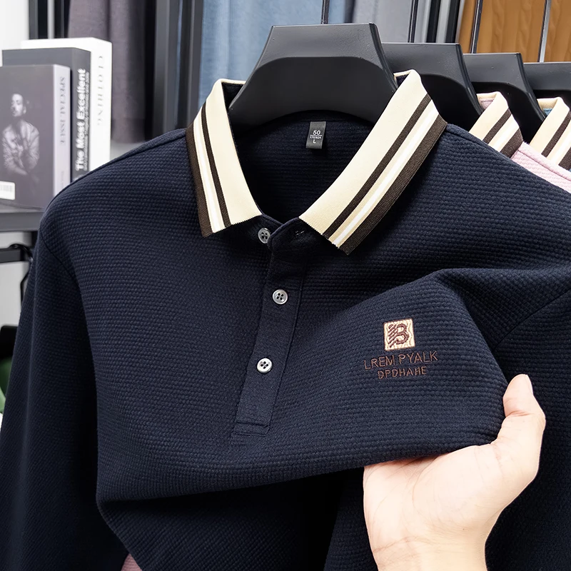 

Men's Long Sleeved Polo Shirt Spring New Style Embroidered Lapel Solid Color T-shirt Fashionable Casual Pure Cotton Top Trendy