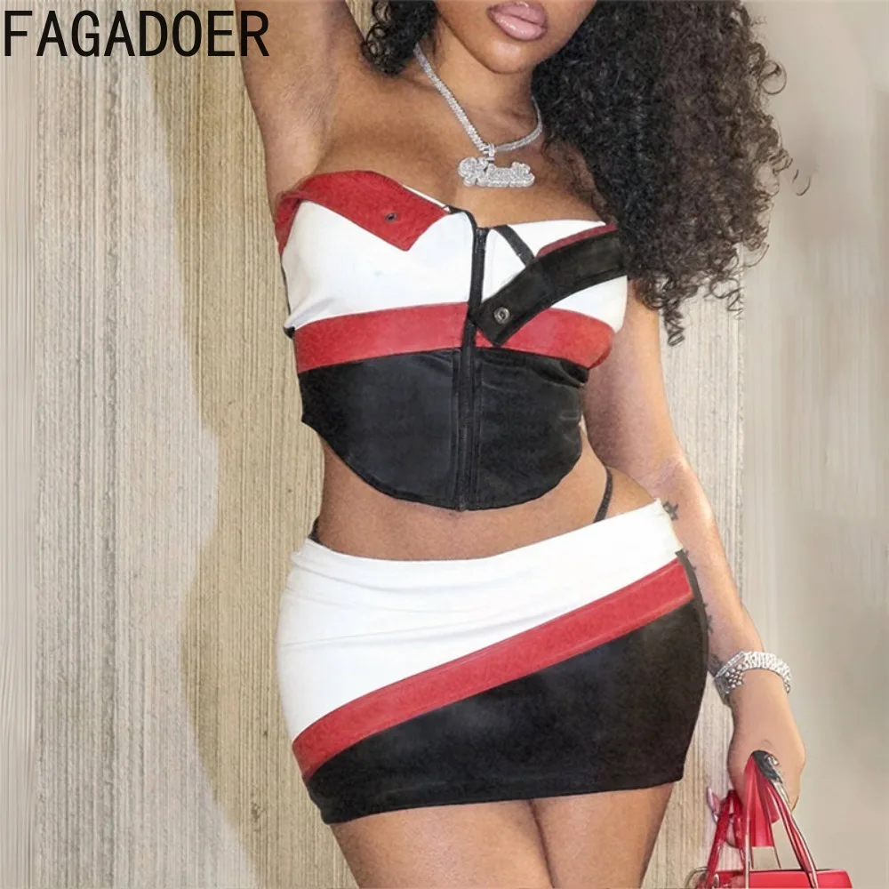 

FAGADOER Sexy Color Stitching Leather Mini Skirts Two Piece Sets Women Zip Sleeveless Backless Slim Top And Skirts Outfits 2024