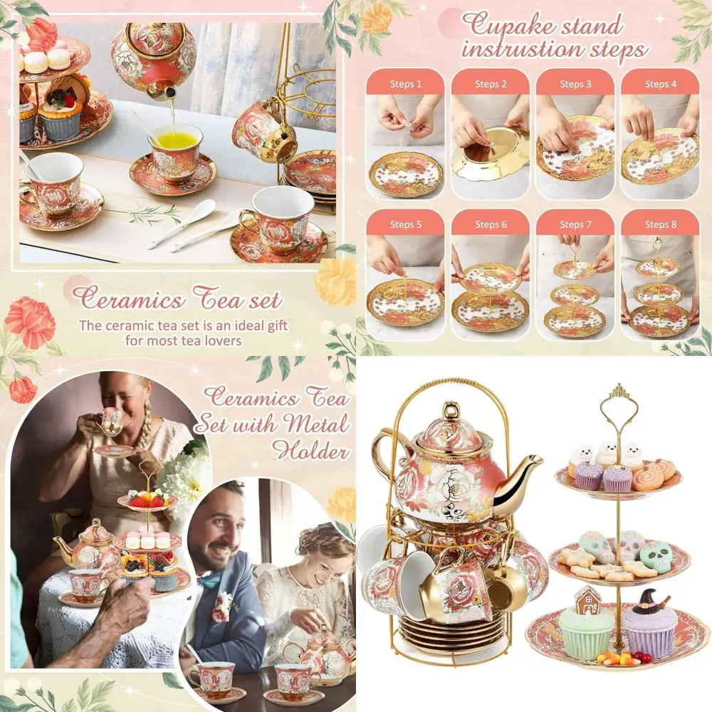 

Adult European-Style Floral Tea Set with 3-Tiered Cake Stand and Porcelain Teapot for Romantic Christmas Gifts