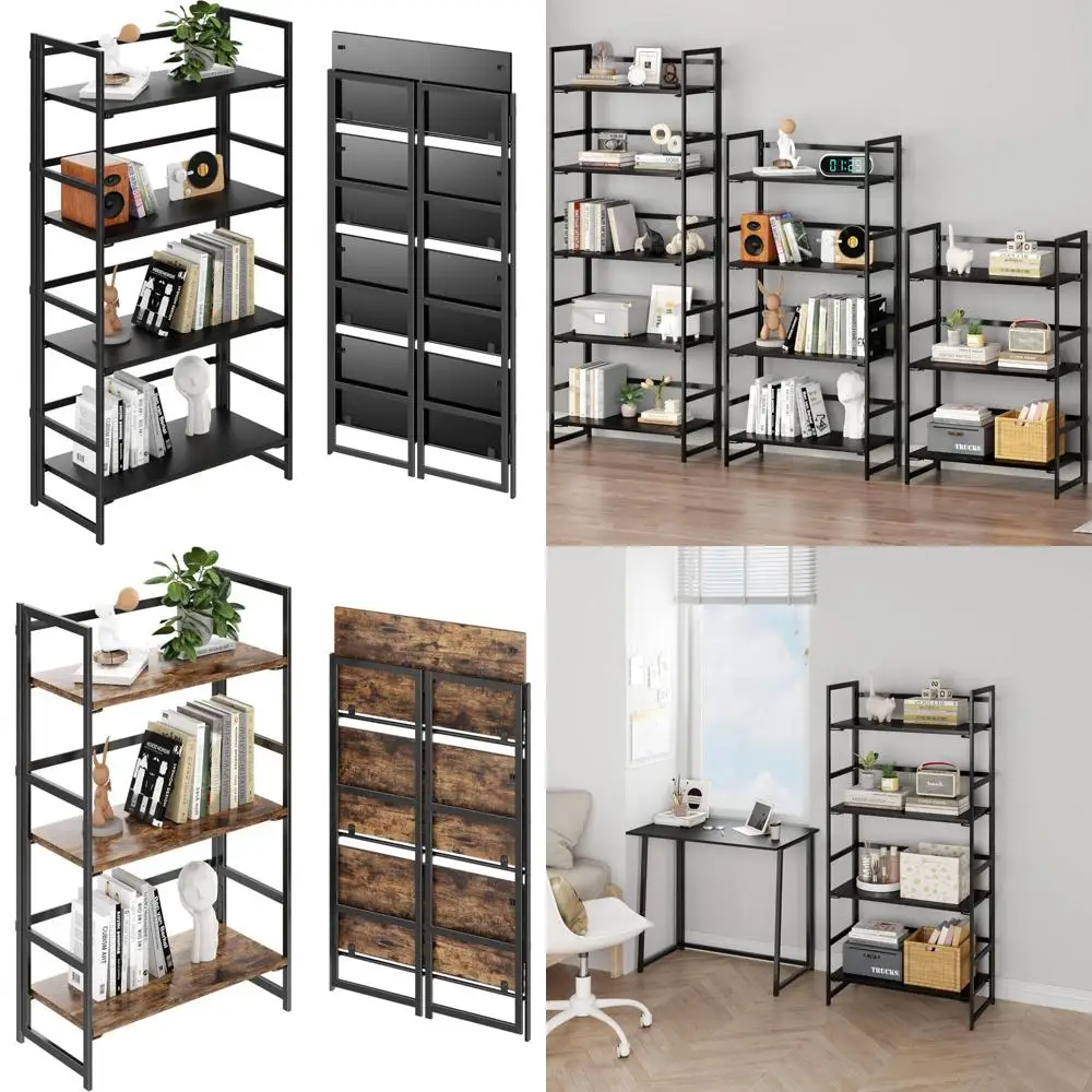 

Modern 4-Tier Folding Bookshelf - Space-Saving Storage Rack for Home & Office, All Black