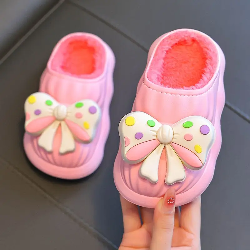 

Kids Outdoor Waterproof Non Slip Cotton Slippers with Butterfly Bow New Girls Indoor Shoes Parent Child Thermal Design