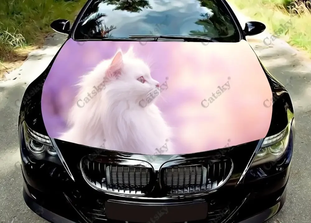 White Maine Coon Cat Car Hood Decal Stickers Wrap Vinyl Film Engine Cover Decals Sticker Car Hood Protective Film