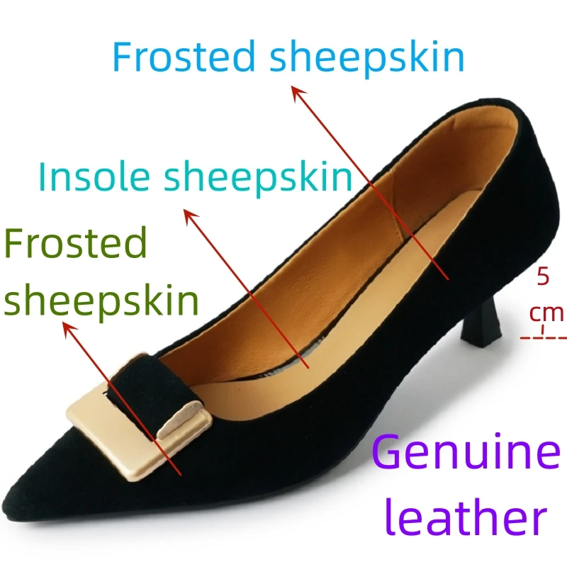 【JOCHEBED HU】Brand Genuine Leather new metal buckle single shoes women\'s pointed shallow mouth thin heels workplace shoes 34-42