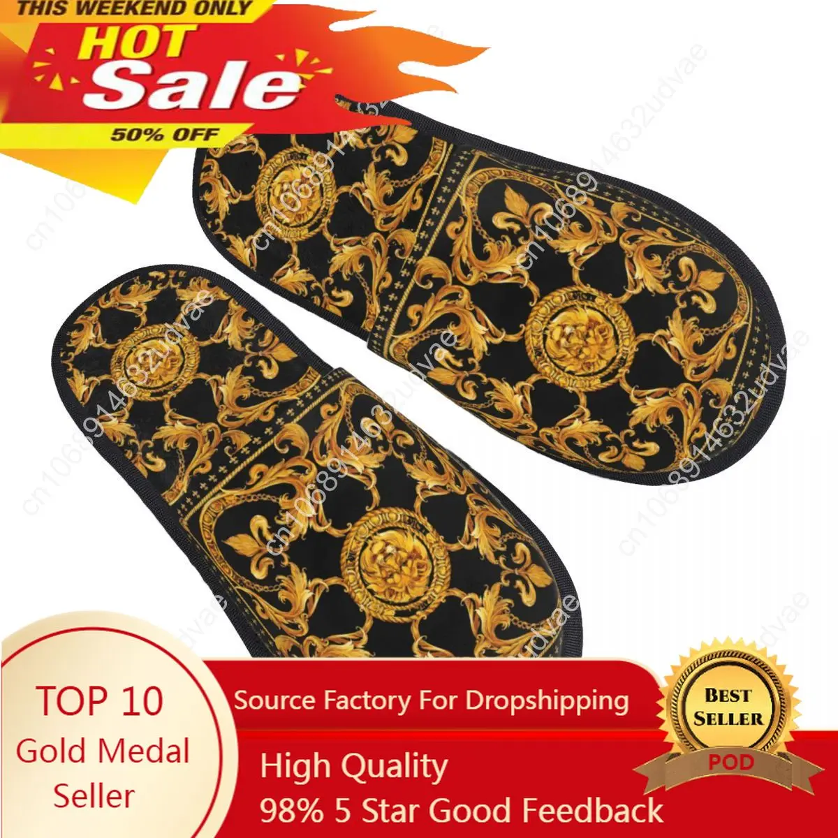 

Indoor Golden Baroque Warm Slippers Winter Home Plush Slippers Fashion Home Soft Fluffy Slippers