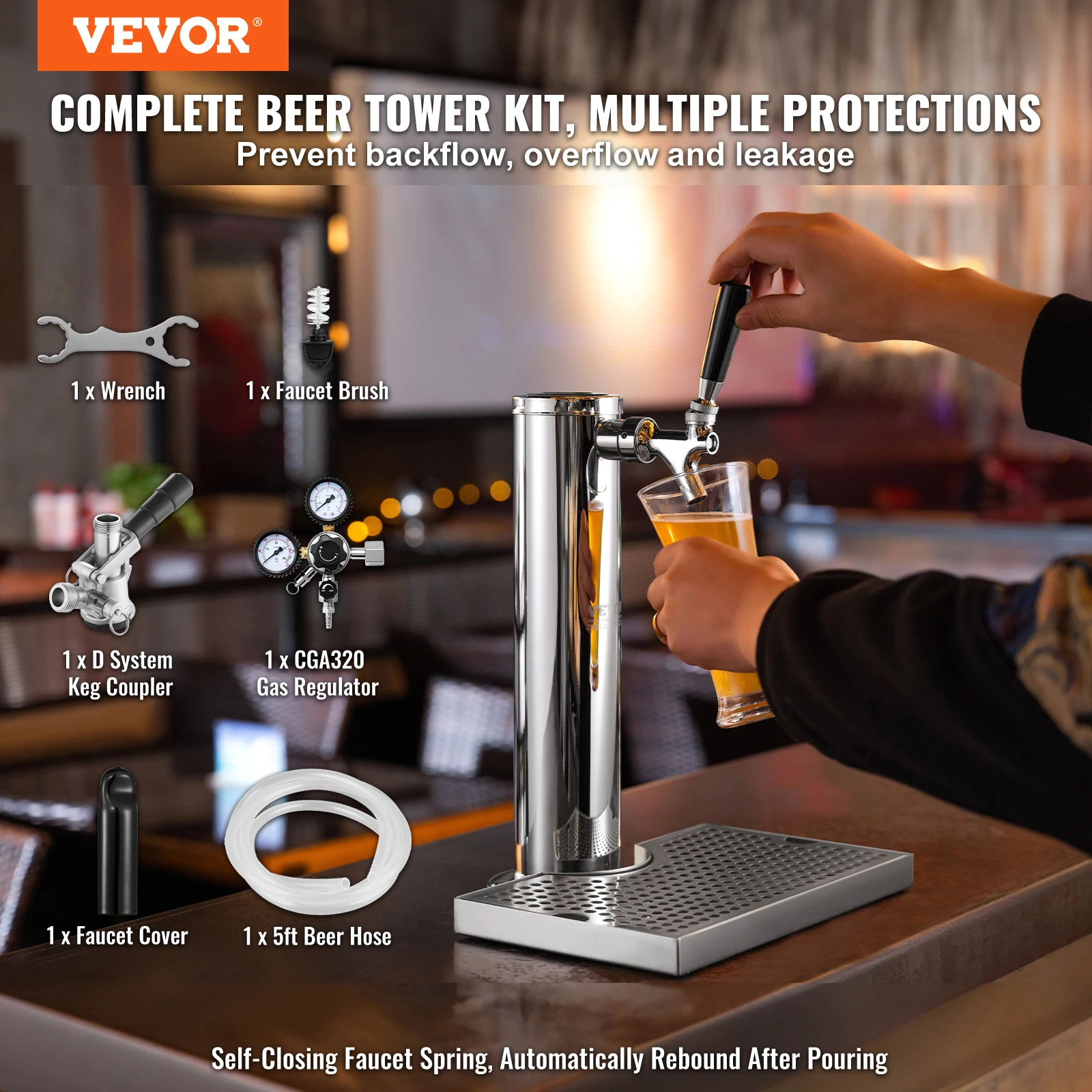 VEVOR Kegerator Tower Kit Single Tap Beer Conversion Kit الفولاذ المقاوم للصدأ برميل برج البيرة موزع مقياس مزدوج CGA320 منظم