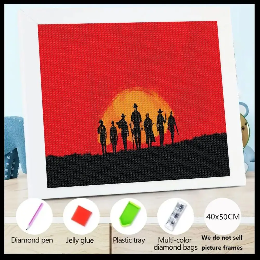 

40x50 см, красное небо, желтое солнце, ковбойское приключение, 7 фигурок, набор для алмазной живописи с розовой алмазной ручкой, красный желейный клей, зеленый поднос,