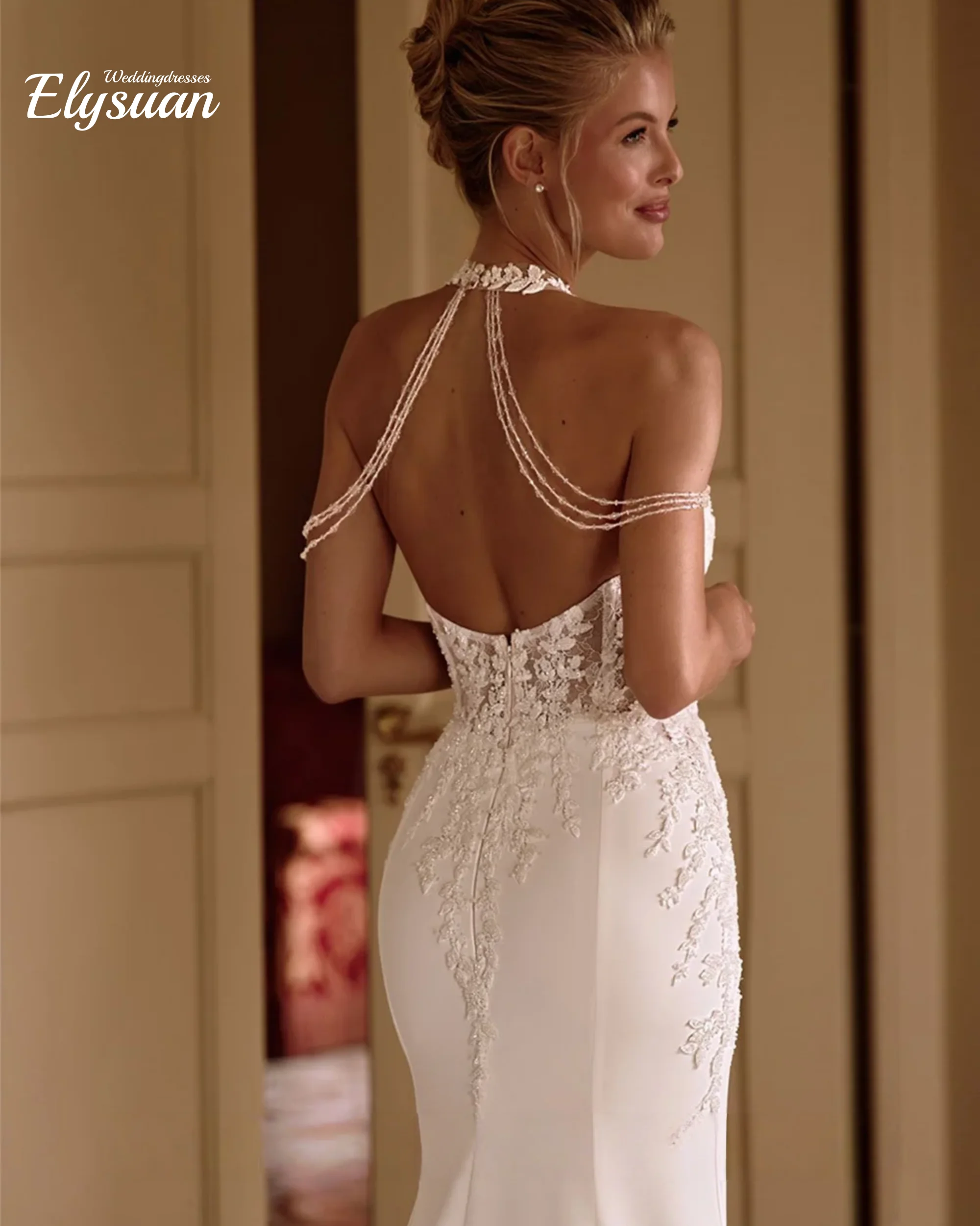 Customized Sexy Mermaid Wedding Dresses Bridal Gown Halter Sleeveless Open Back Beading Applique Sweep Train B Vestidos De Novia