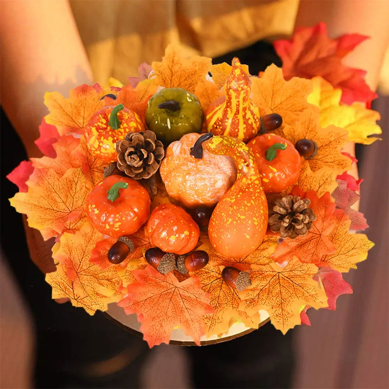 50Pcs/set Artificial Pumpkin Maple Leaf Pine Cones Halloween Decoration For Home Christmas Thanksgiving Photo Props DIY Crafts