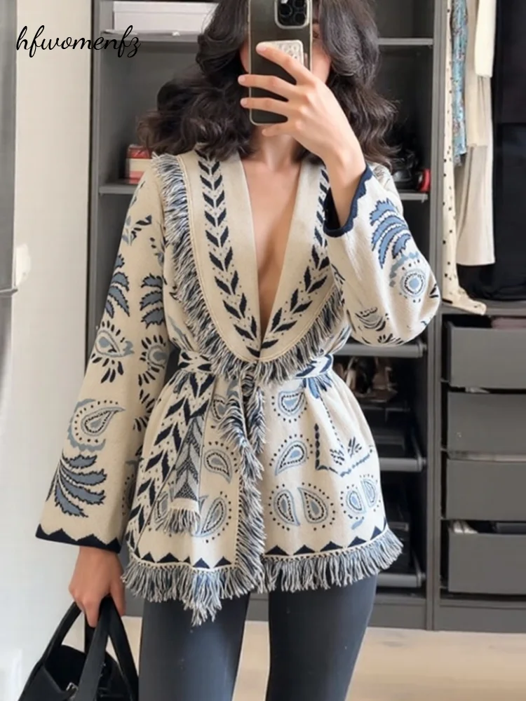 Vintage Women's Print Fringe Cardigan V Neck Long Sleeve Lace Up Long Sleeve Thick Sweater Female 2026 Autumn Winter Knitwear
