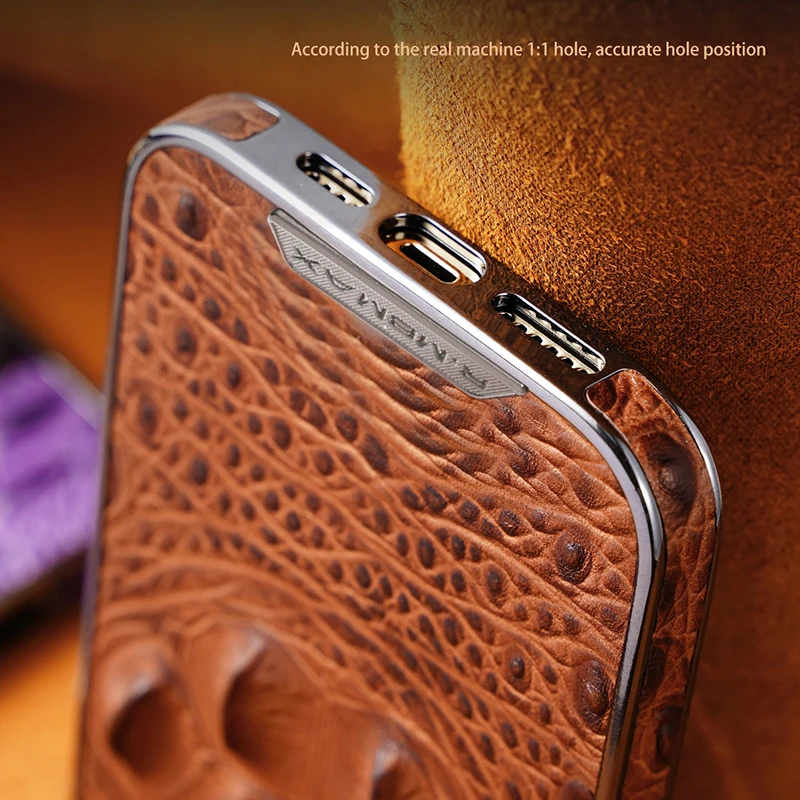 Genuine Leather Crocodile Pattern Electroplated Frame Phone Case For iPhone 12 13 14 15 Pro Max Luxury Leather Shockproof Covers
