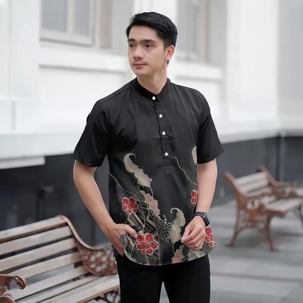 

Мусульманская мужская рубашка Baju Raya с воротником-стойкой и коротким рукавом в стиле батик, повседневный мусульманский топ для вечеринок, подходящая малайская фестивальная рубашка Рамадана