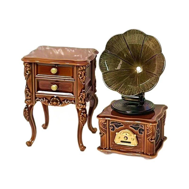 2 unids/set 1:12 casa de muñecas en miniatura Retro Mini conjunto de gabinete de fonógrafo puede tocar canciones muñeca hogar sala de estar muebles decoración juguete