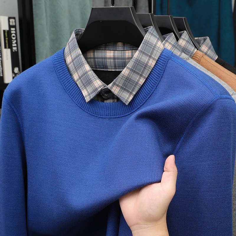 

Осенне-зимний теплый отпускной свитер из двух частей, мужской универсальный воротник рубашки, вышитый базовый свитер, пуловер, вязаный свитер