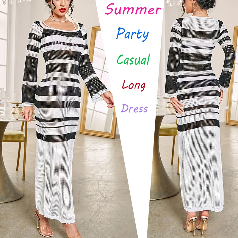 

2025 Beach Holiday Summer Knitted Long Sleeve Women Striped Maxi Dress Bodycon Elegant Sexy Outfits Party Long Dress Vestidos